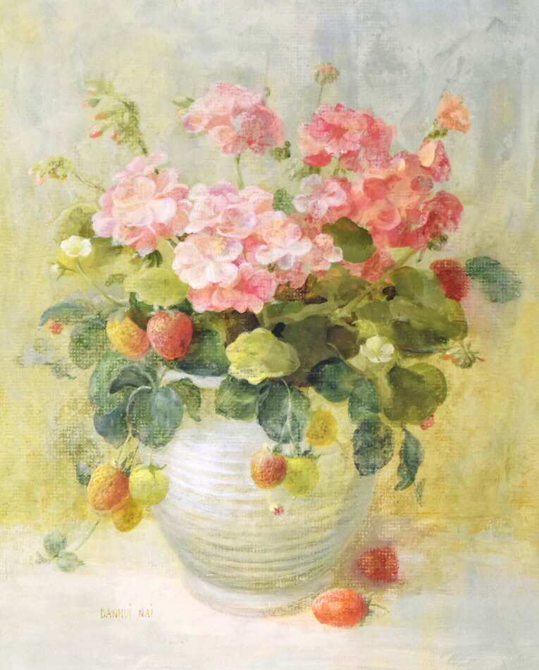 楽天市場】絵画 花 ダンフイナイ・ ピンクのゼラニウムとイチゴ