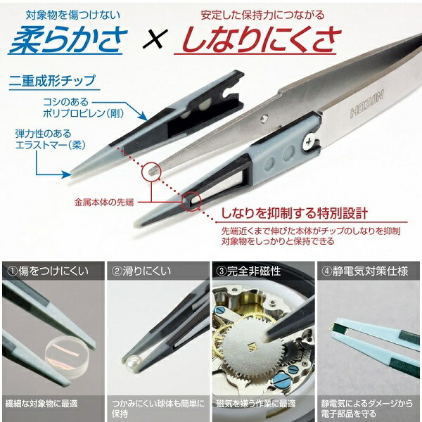 楽天市場】ホーザン P-640-J ESDソフトチップピンセット 直型 完全非
