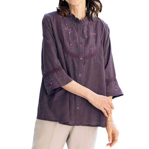 楽天市場】五分袖 ブラウス 紫 レディース 綿混 刺しゅうブラウス