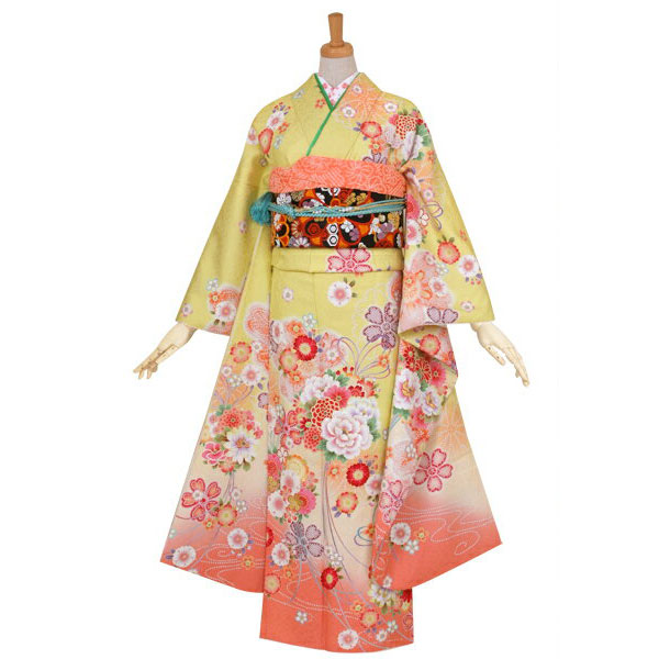 楽天市場】【成人式 振袖 レンタル】RS1054 正絹 黄 花くす玉に八重桜
