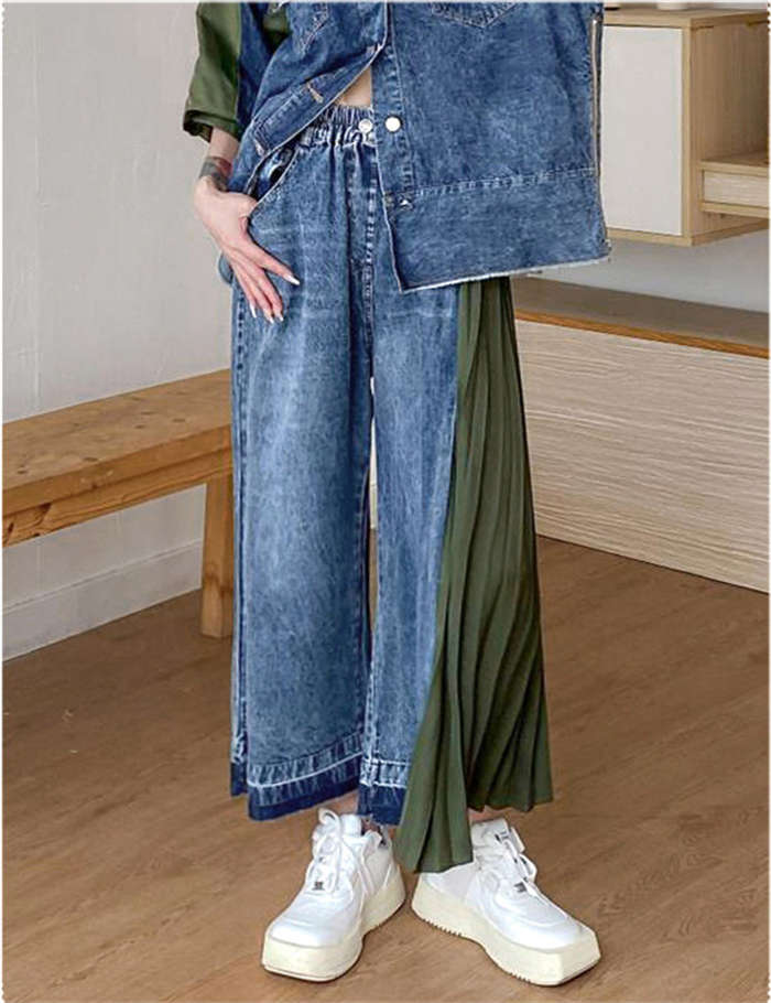 楽天市場】異素材切り替え デニム ワイドパンツ レディース 春夏