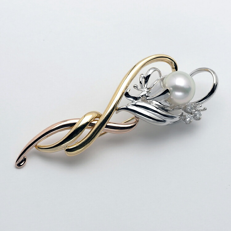 楽天市場】K18 トリカラー 南洋真珠 デザイン ブローチ 天然ダイヤ付き