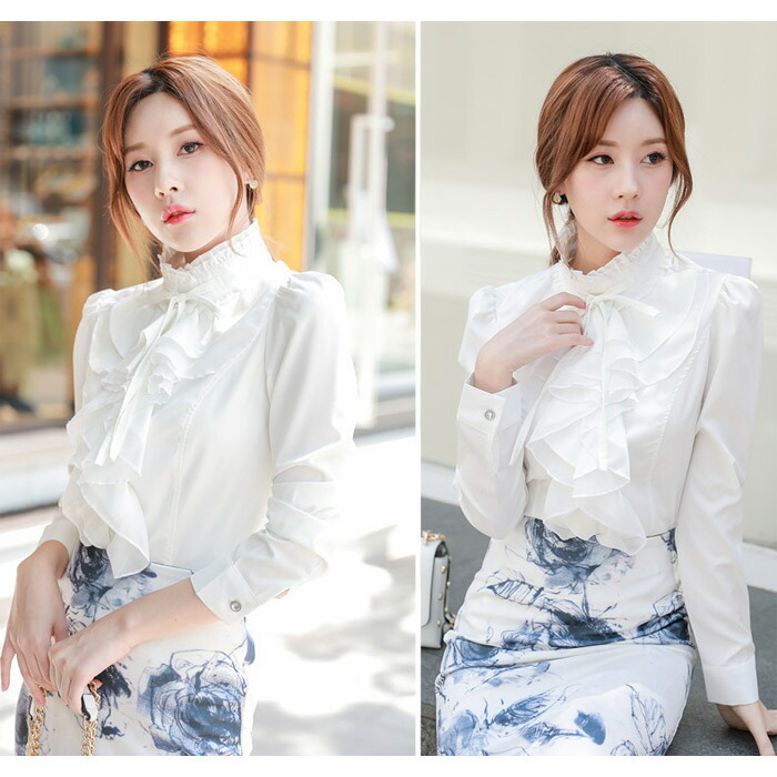 楽天市場】ブラウス レディース フリルシャツ 長袖 白 黒 ブラウス