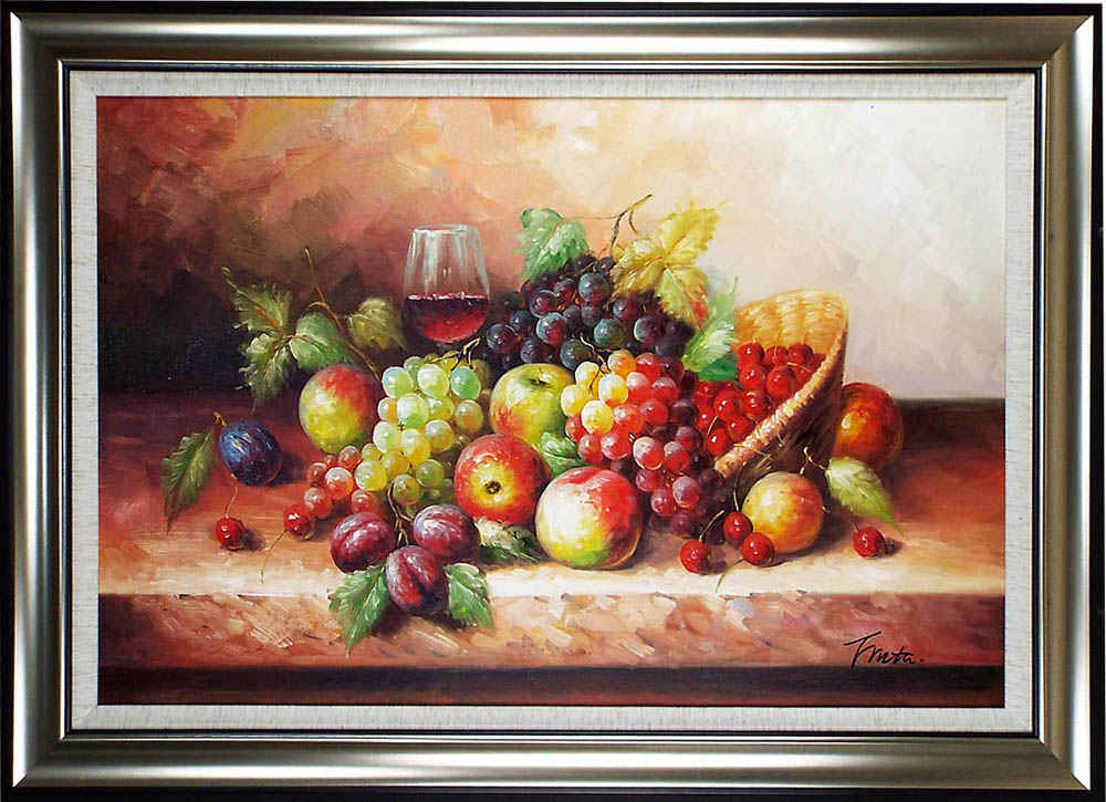 油絵 絵 絵画 インテリア uF6-061504 静物 果物 ワイン ポット 絵画