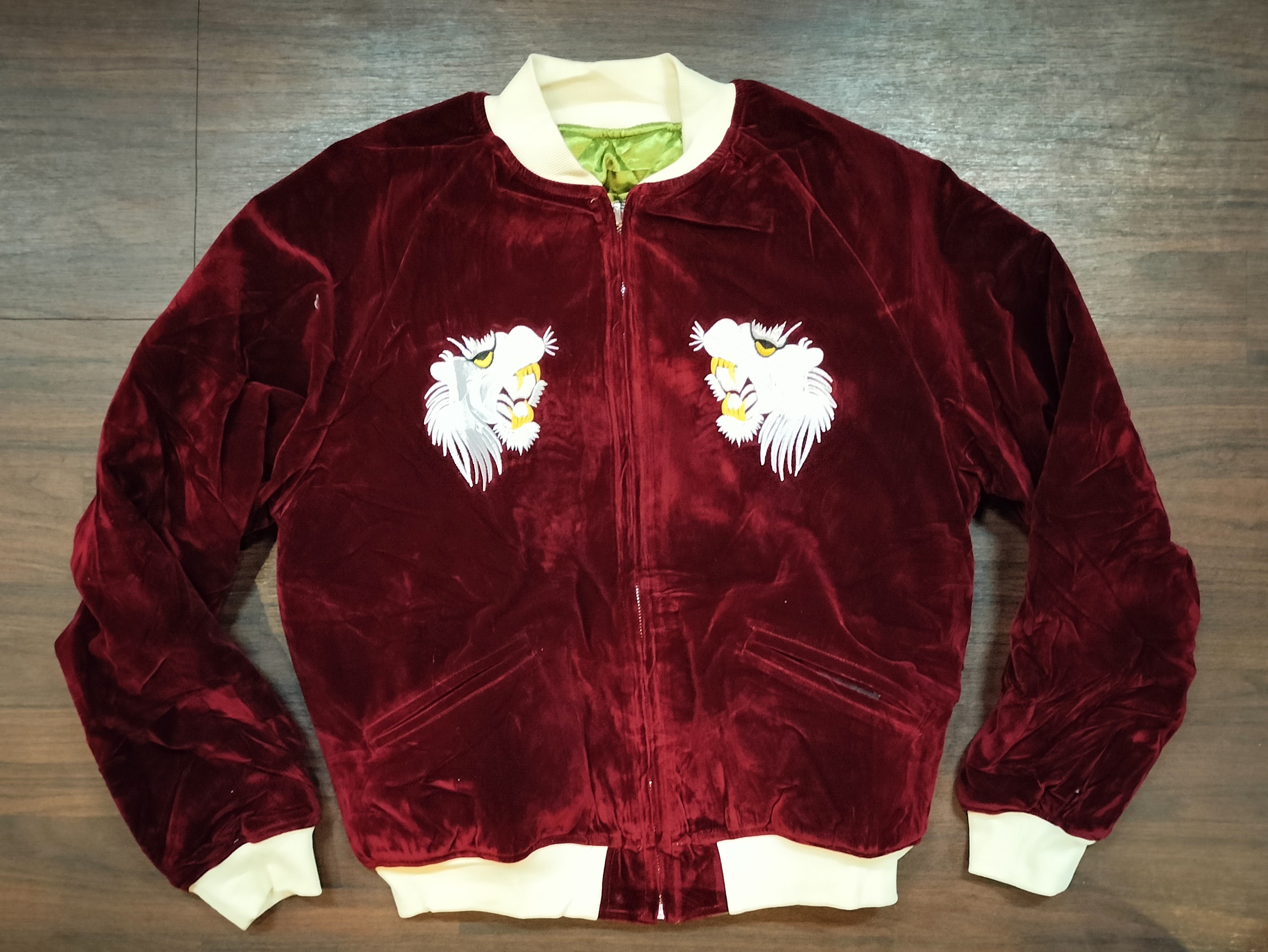 楽天市場】＃417 別珍 スカジャン ”白虎” ワインxオリーブ限定生産