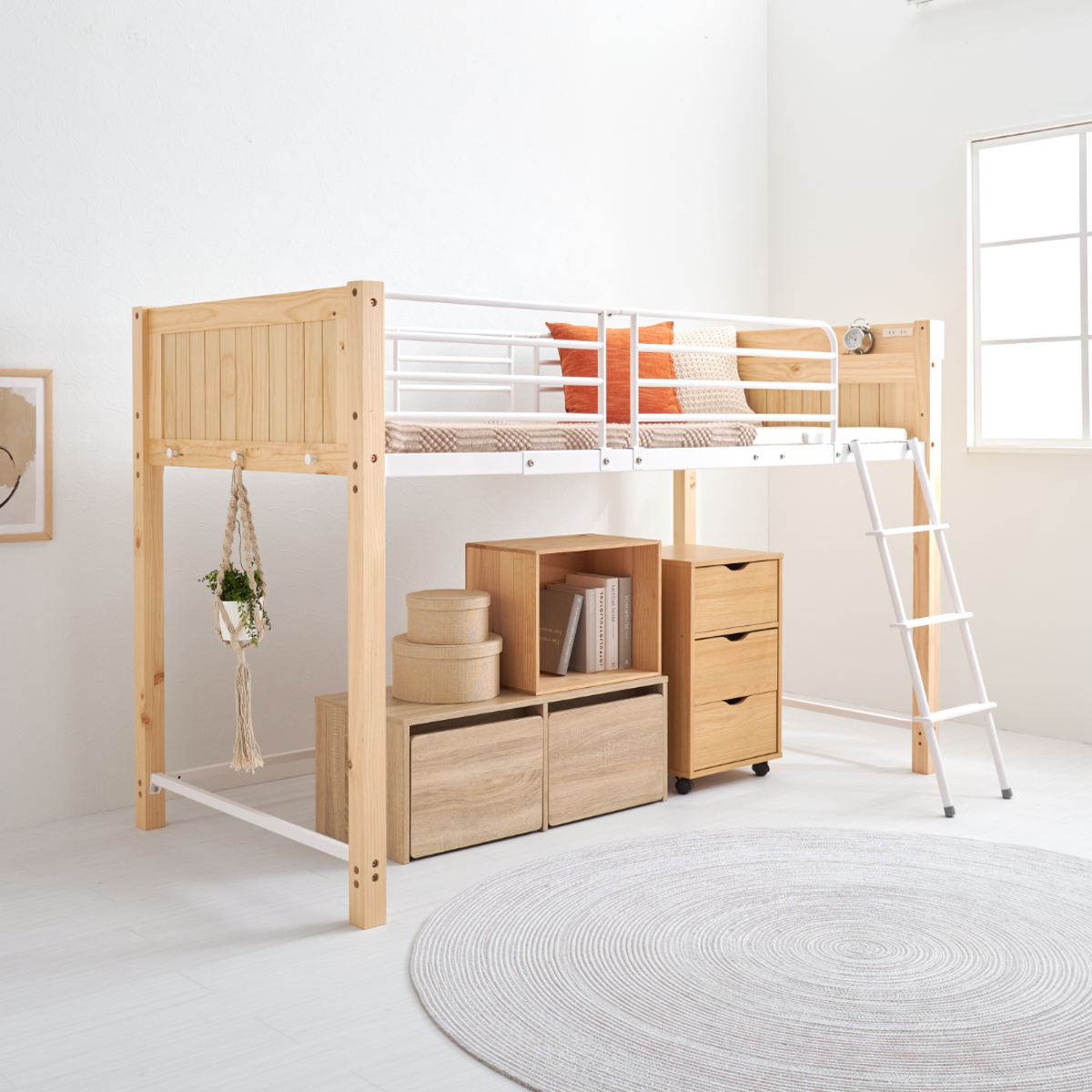 楽天市場】ロフトベッド 天然木×スチール ロータイプ シングル 宮棚 2