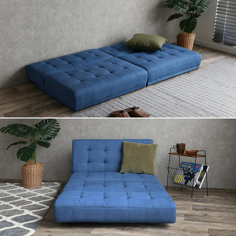 デニム柄2人掛けリクライニングソファ、ソファベッド デニム柄2人掛け