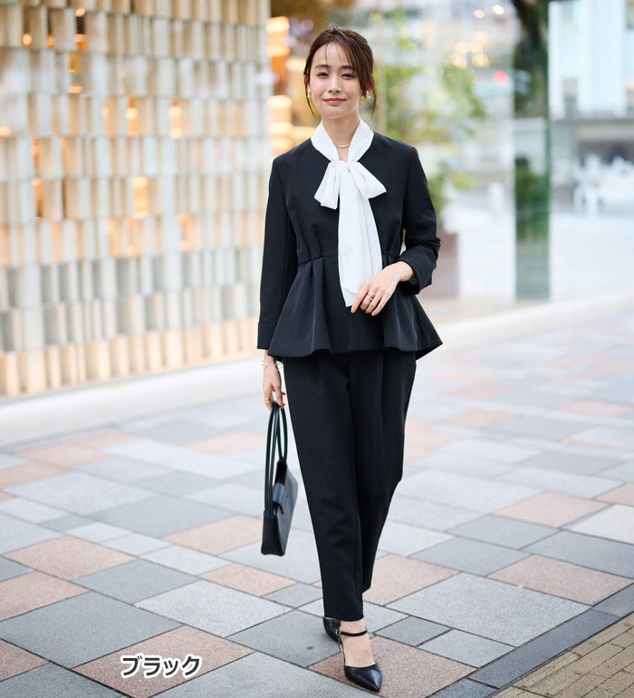 楽天市場】【2点セット】ノーカラーペプラムパンツスーツ レディース