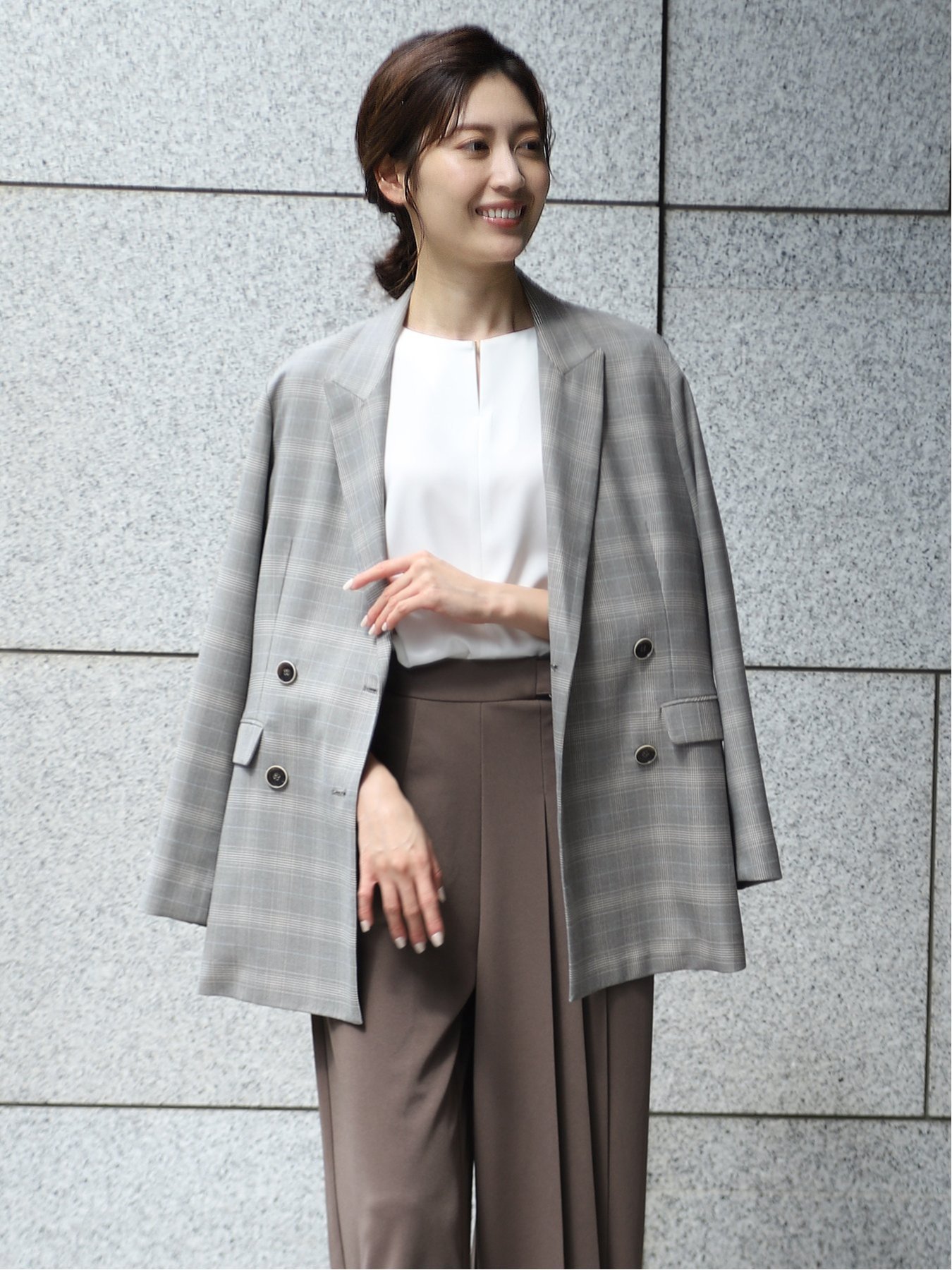 TAKA-Q｜ストレッチウォッシャブル グレンチェック柄 ダブルジャケット