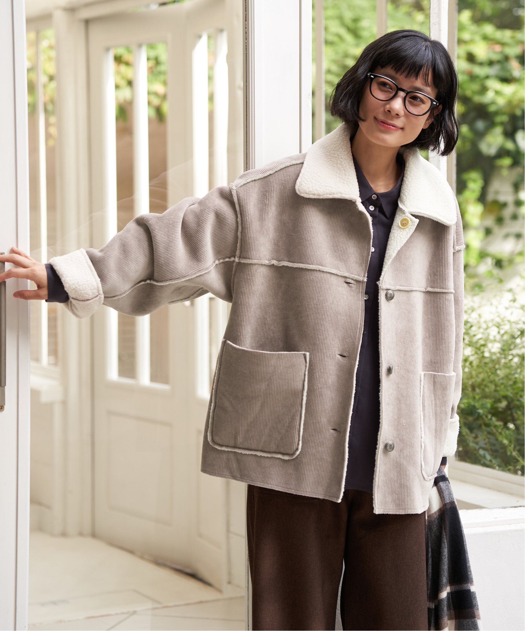 kolor23awコーデュロイ ボア襟ジャケット グリーンサイズ3 LBC｜ボア