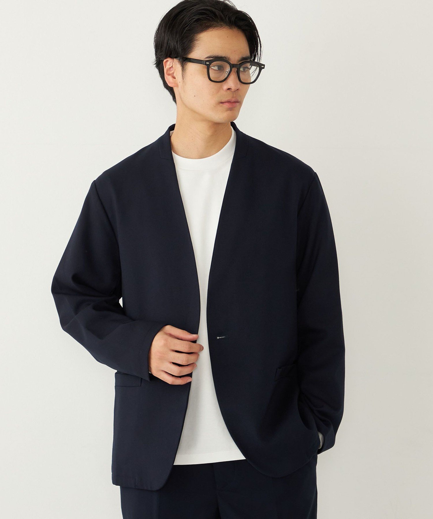 ノーカラージャケットとサイドラインパンツ40 セットアップ 日本製」 ノーカラー ジャケット カラーレス 仕事 オフィス 卒業式