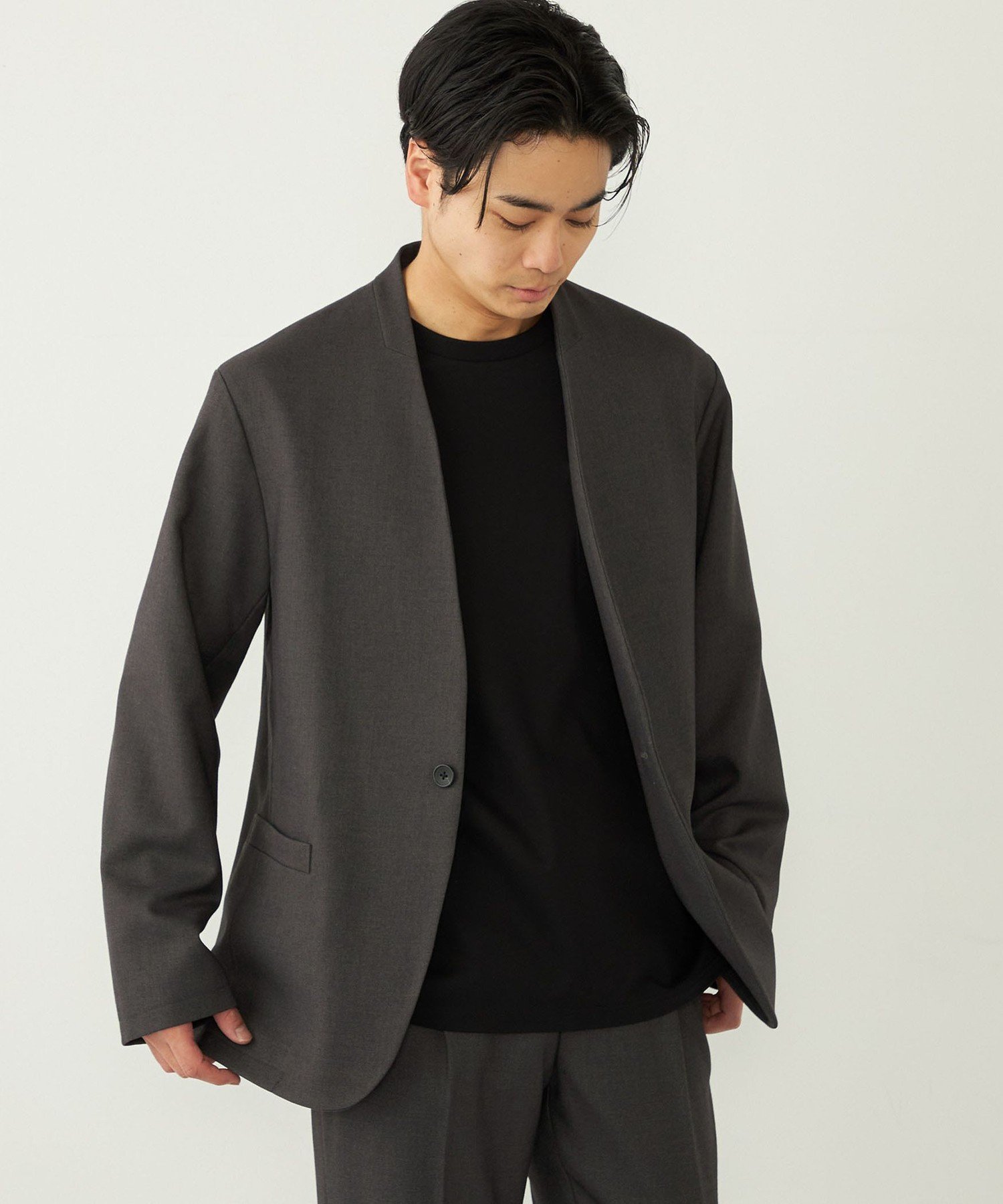 ノーカラージャケットとサイドラインパンツ40 セットアップ 日本製」 ノーカラー ジャケット カラーレス 仕事 オフィス 卒業式