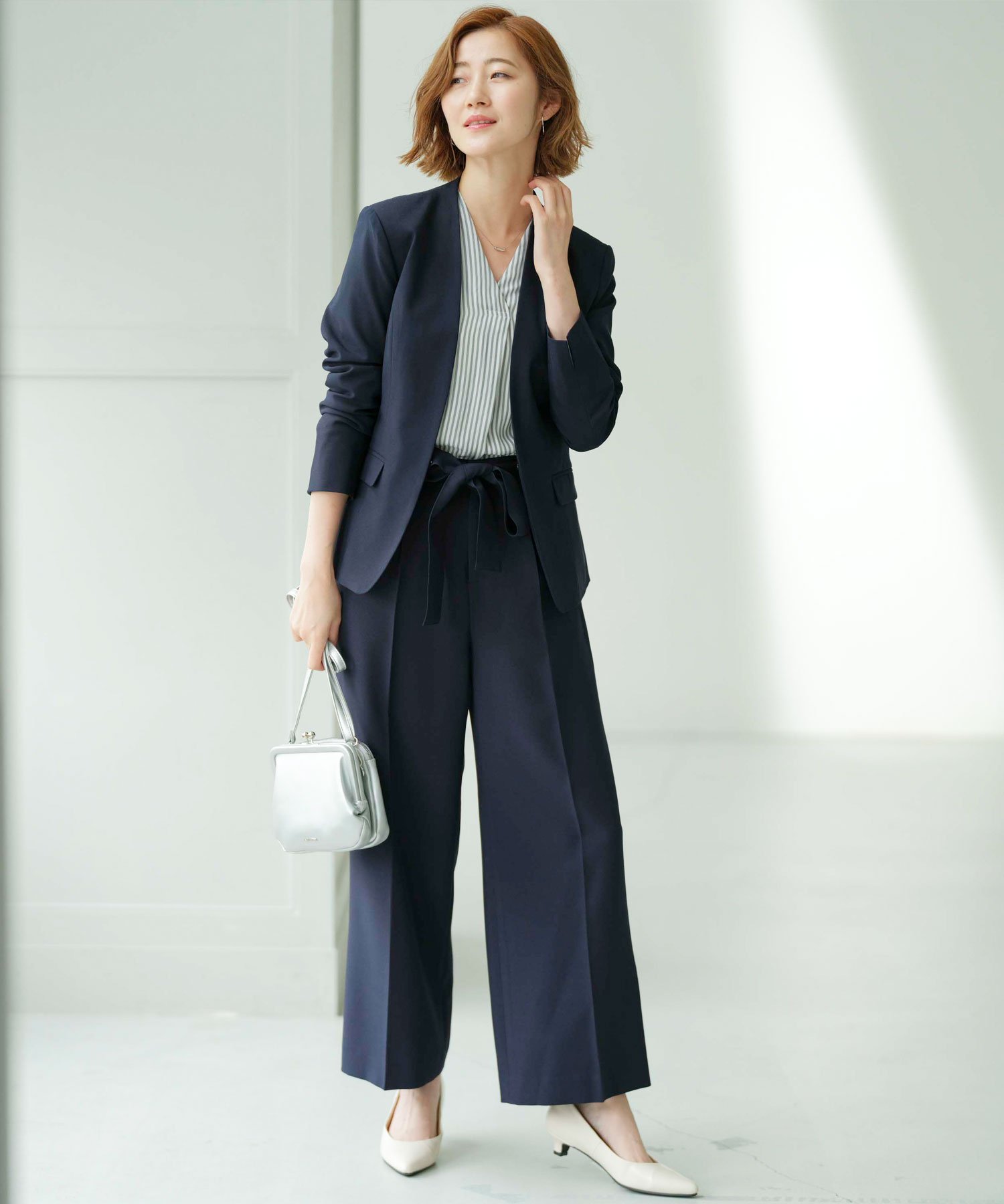 GeeRA｜【2点セットアップ】洗えるノーカラーワイドパンツスーツ