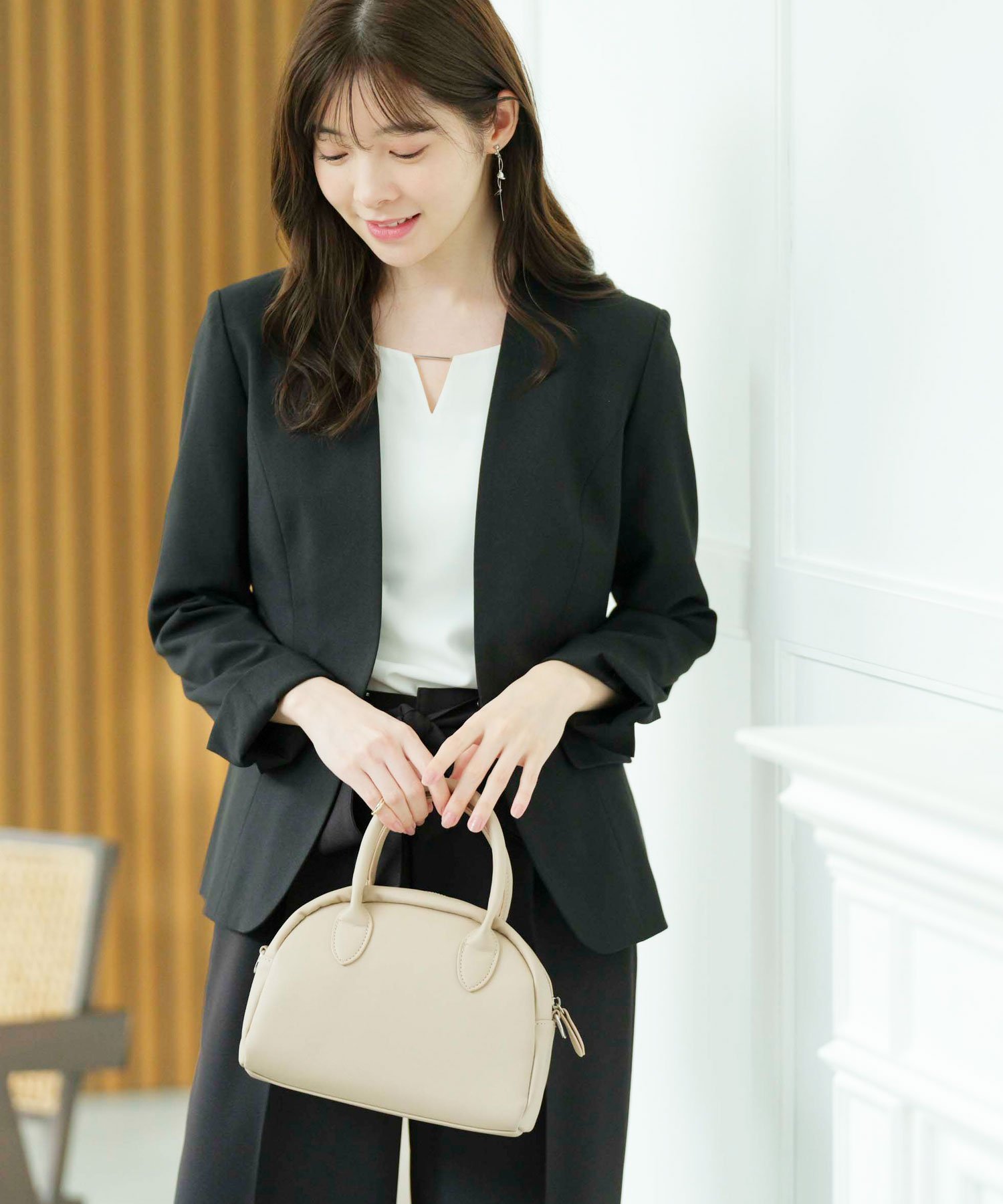 GeeRA｜【2点セットアップ】洗えるノーカラーワイドパンツスーツ