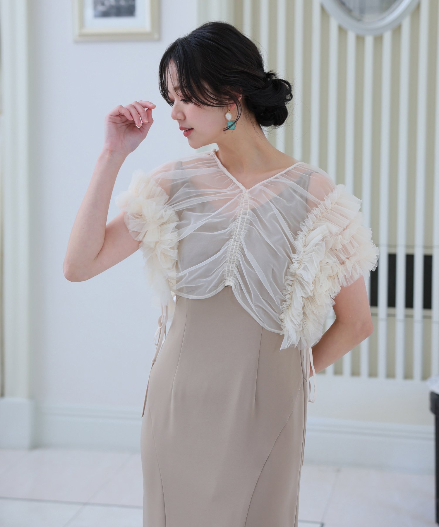 PourVous｜ギャザーチュールトップス結婚式パーティードレスお呼ばれ