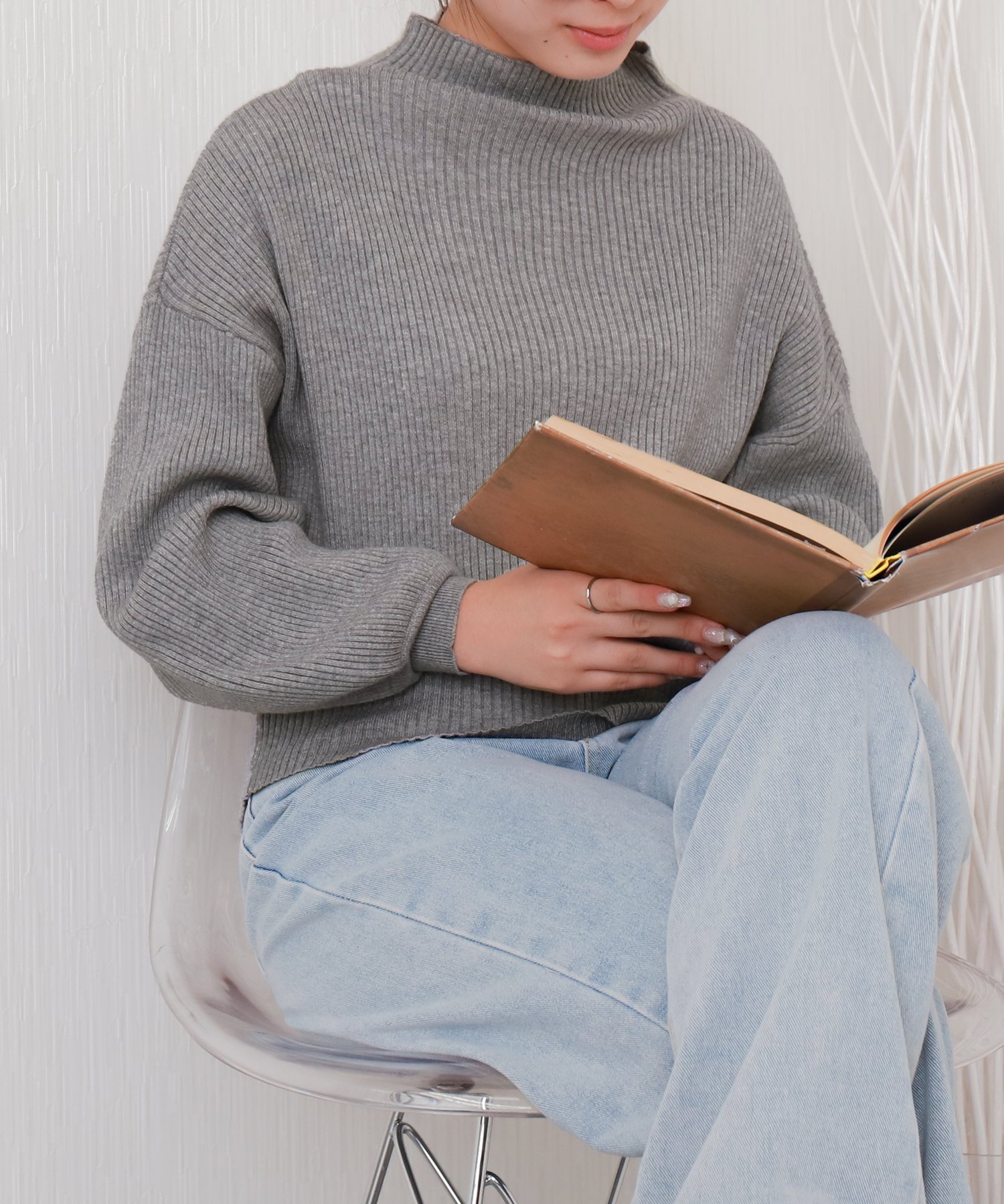 libelle more｜【洗濯機で洗える】バルーン袖ボトルネックリブニット