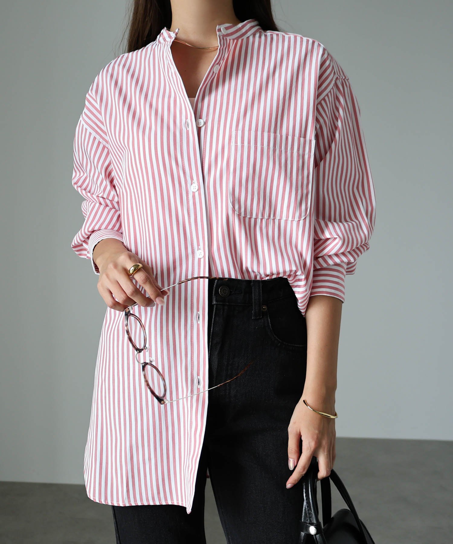 andme｜カラーストライプ 長袖 バンドカラー シャツ | Rakuten Fashion