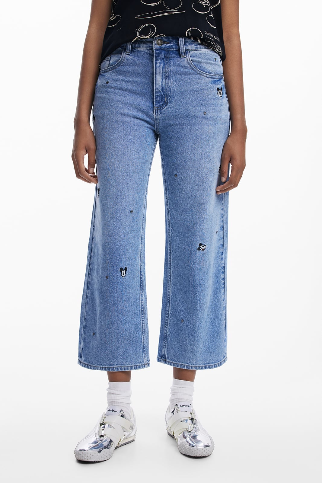 Desigual｜ミッキーマウス刺繍 ハートアップリケ キュロットデニム