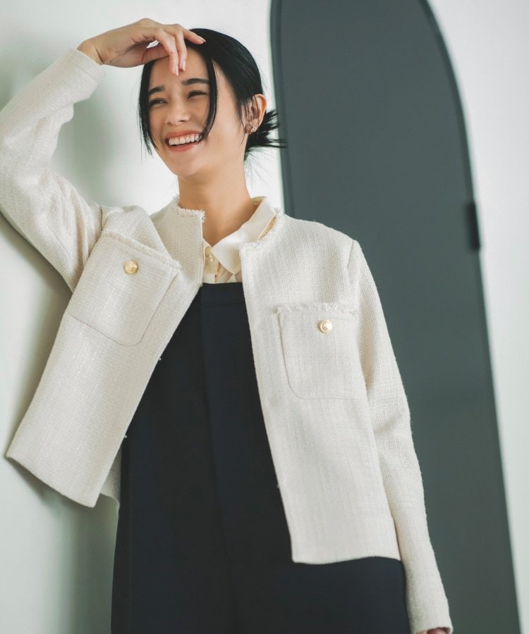 THE SHOP TK｜【ONOFF活躍/セレモニー/通勤】ツイードノーカラー