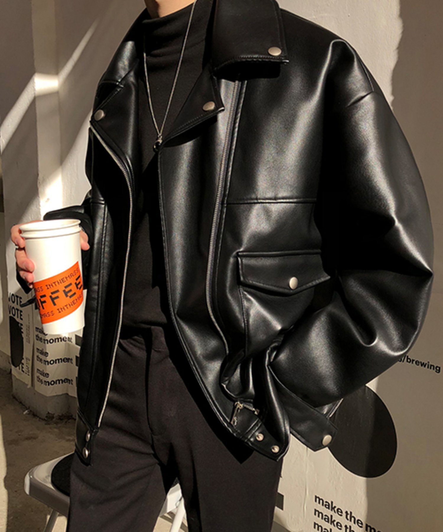 chuclla｜オーバサイズビッグポケットPUレザーライダースジャケット