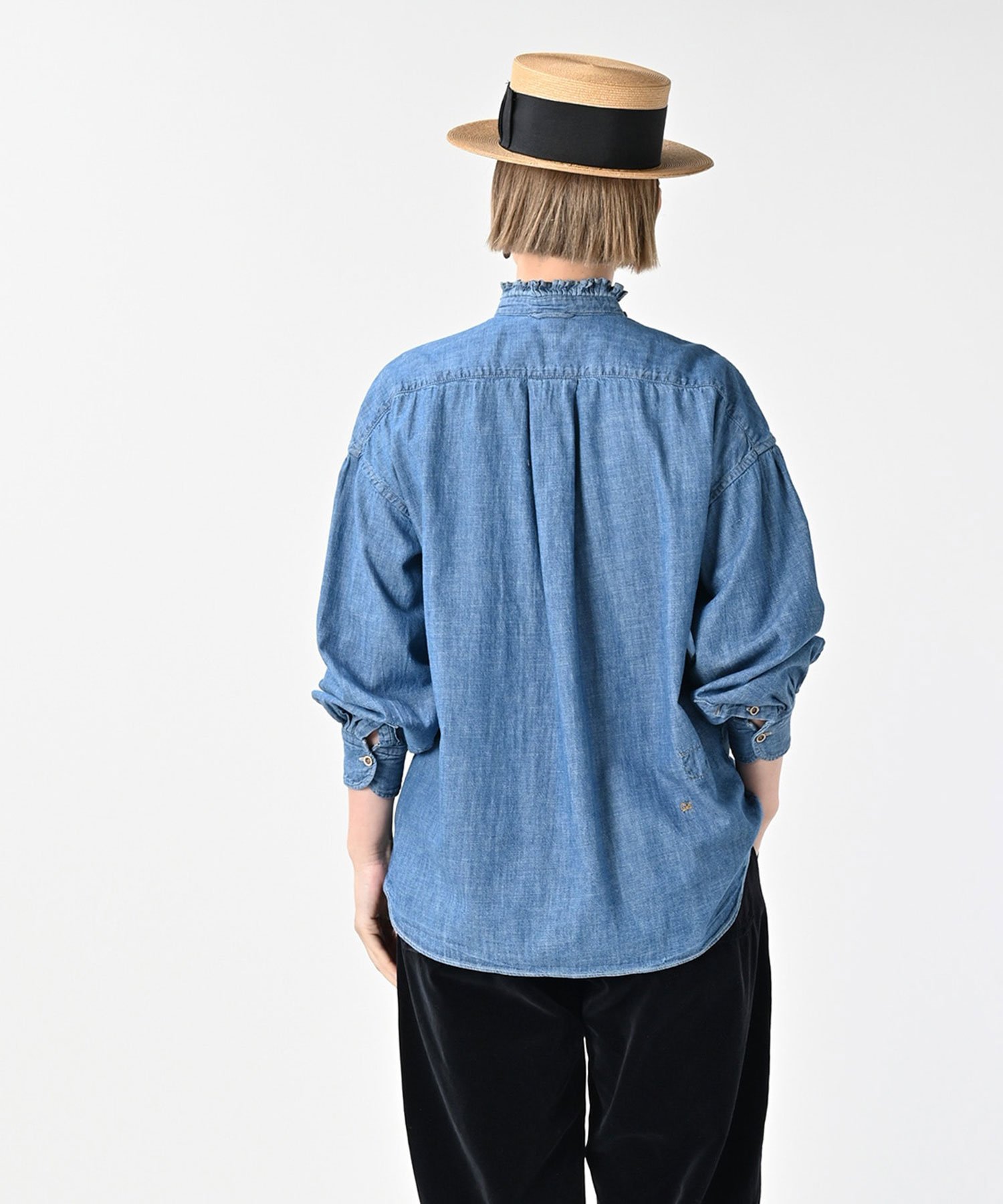 45R｜瑠璃ダンガリーデニムのボウタイクッペシャツ(加工) | Rakuten