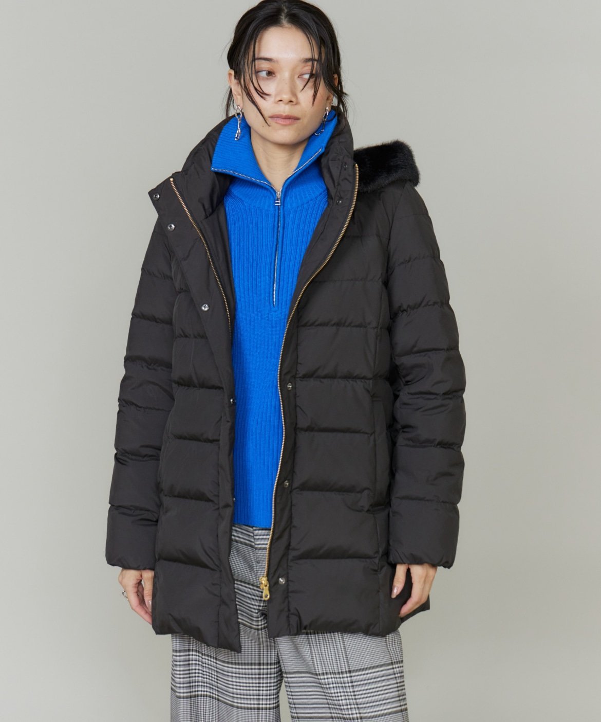 INED｜《大きいサイズ》ミドル丈 フェイクファーフードミドルダウン