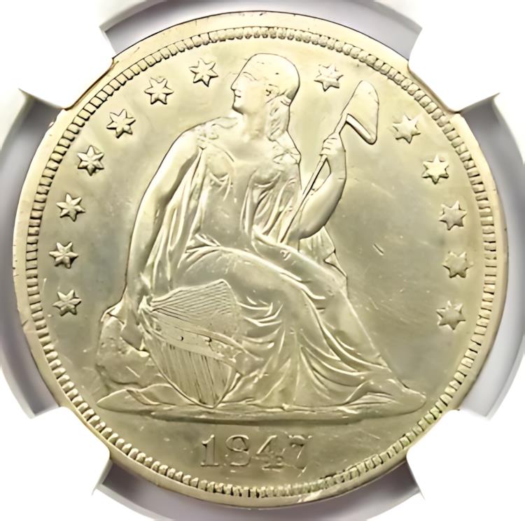 楽天市場】1847 年着席リバティ銀貨 1 ドル硬貨。認定 NGC AU 詳細