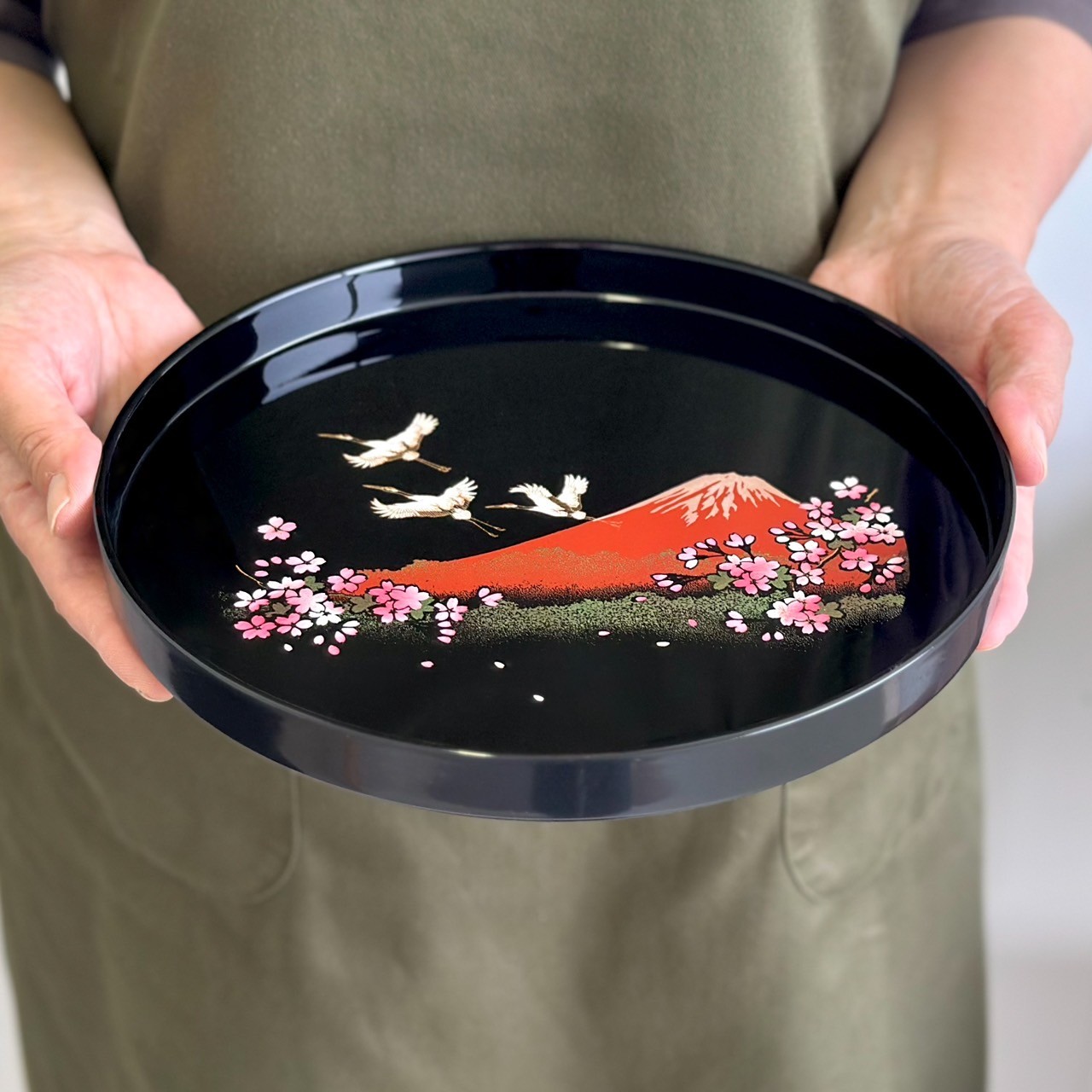 楽天市場】【LINEお友達登録で5%OFF】 お盆 24cm 8寸 丸盆 黒 富士山に