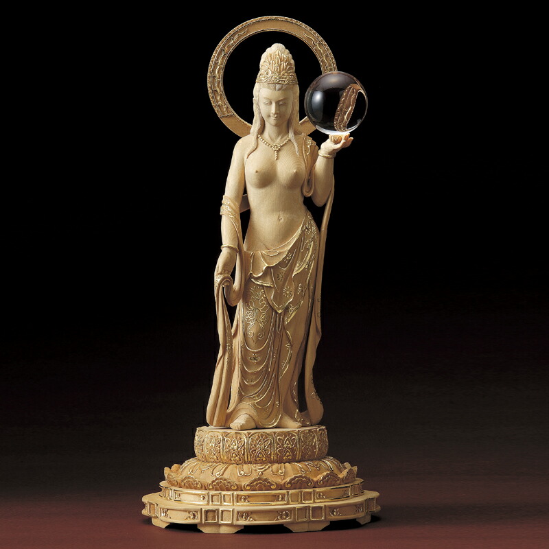 呪物 曰く付き 開運 観音像 手彫り 24金 金箔貼り 天然水晶 高さ18