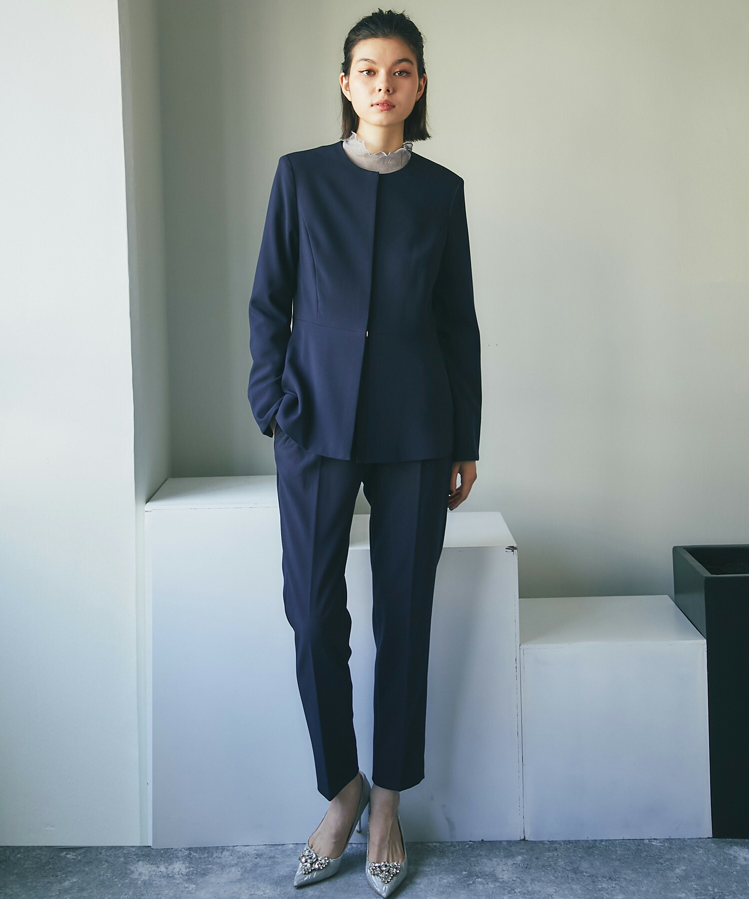 楽天市場】ノーカラー ペプラム ジャケット ＆ スラックス パンツ