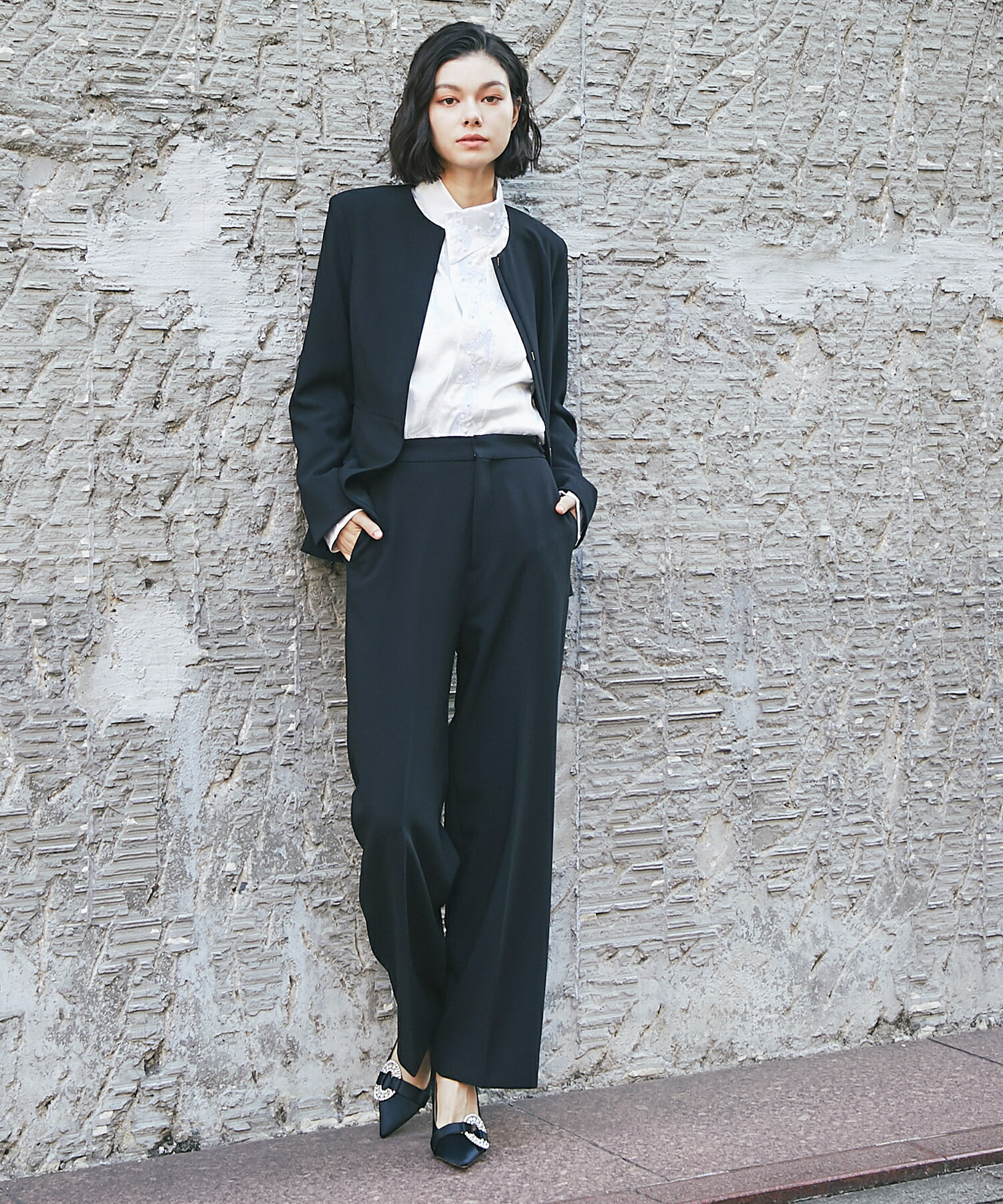 楽天市場】ノーカラー ペプラム ジャケット ＆ スラックス パンツ