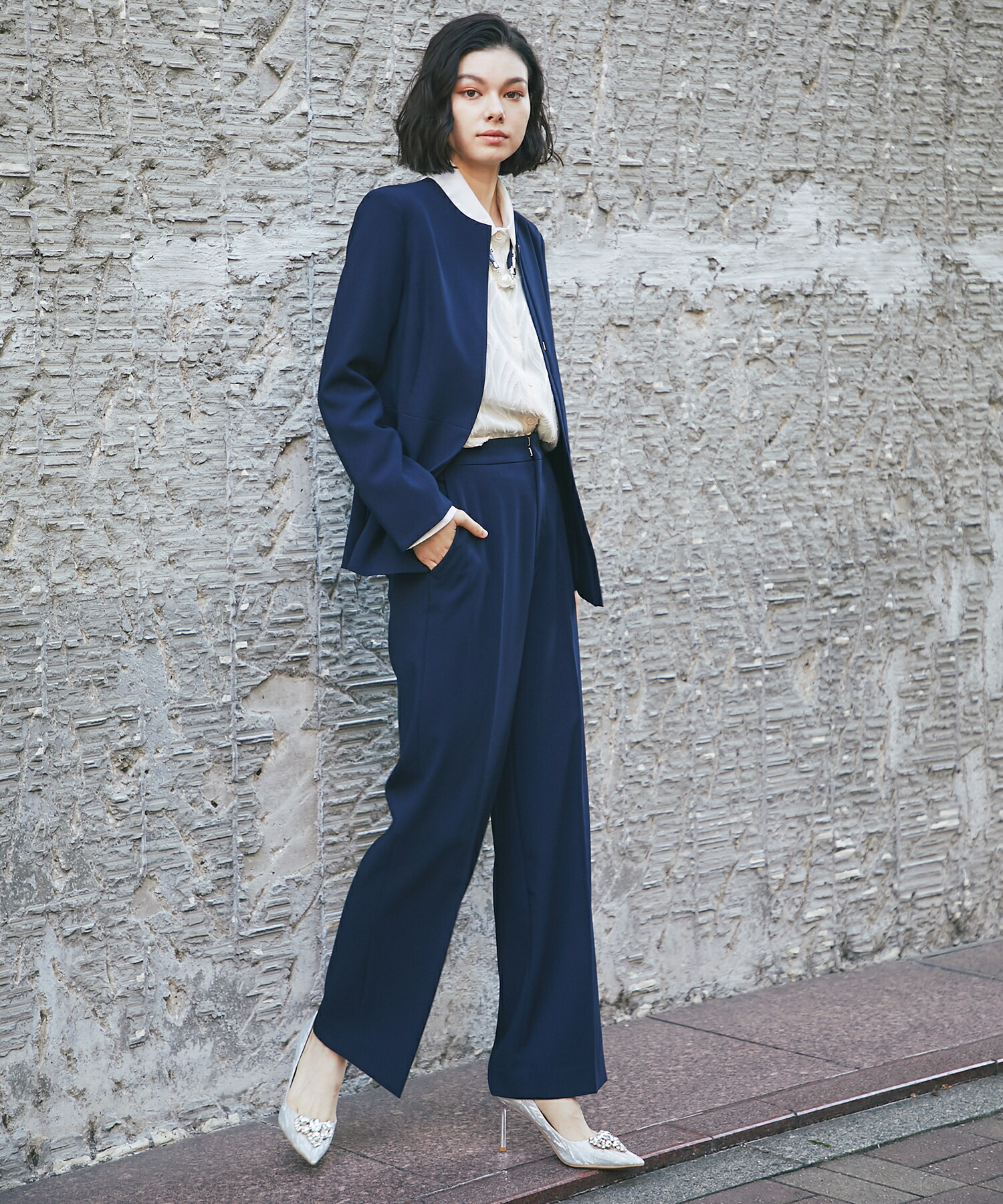 楽天市場】ノーカラー ペプラム ジャケット ＆ スラックス パンツ