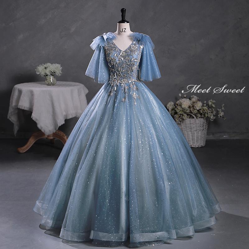 楽天市場】カラードレス 編み上げ ブルー フリル袖 大人 ロングドレス