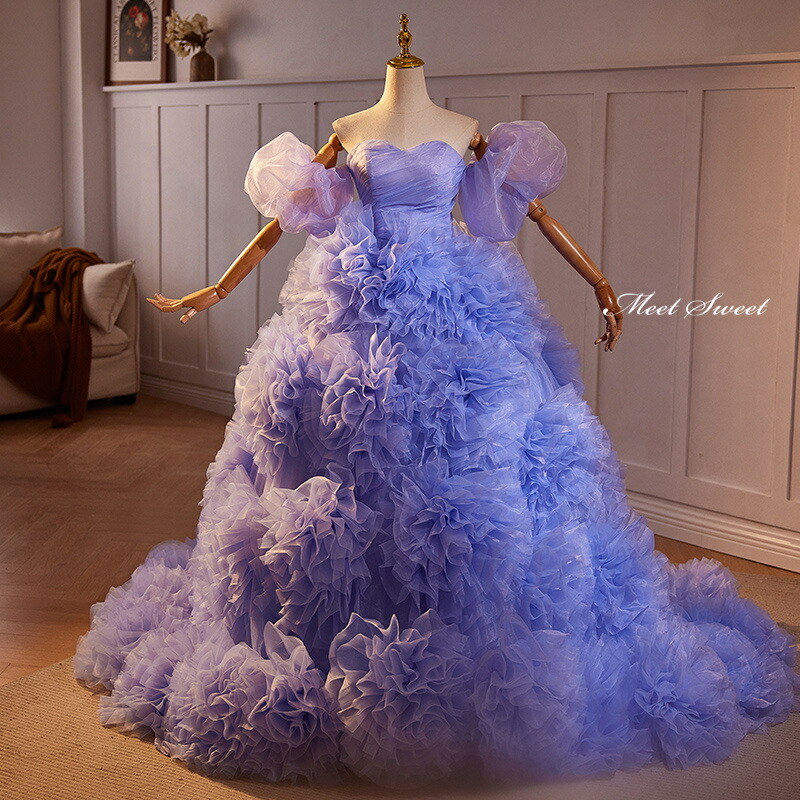 楽天市場】カラードレス プリンセスライン パープル 紫 フリル 袖付き