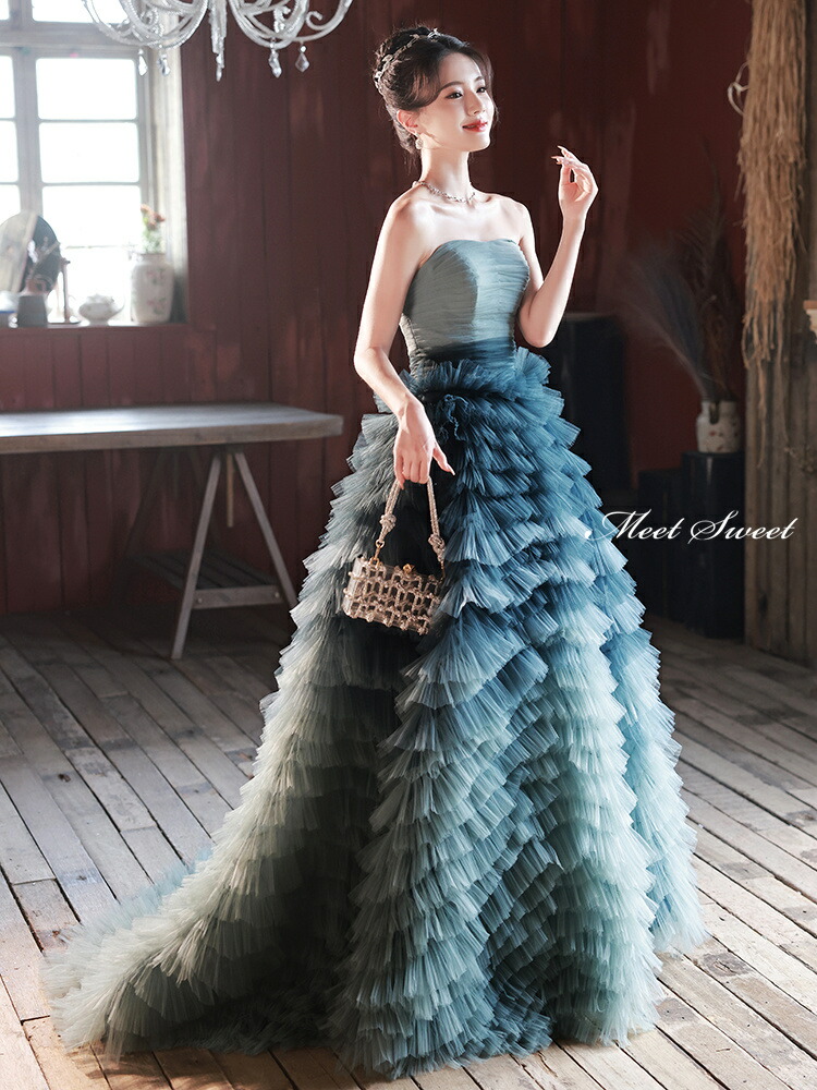 楽天市場】カラードレス ロングドレス ブルー 水色 フリル ビスチェ