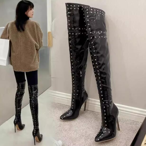 楽天市場】レディースブーツ ニーハイブーツ エナメル 12センチ 超