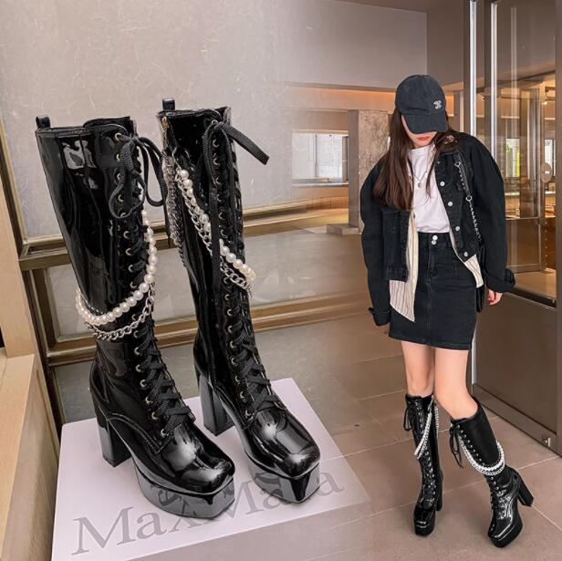 楽天市場】厚底ブーツ ロングブーツ レースアップブーツ 美脚 編み上げ