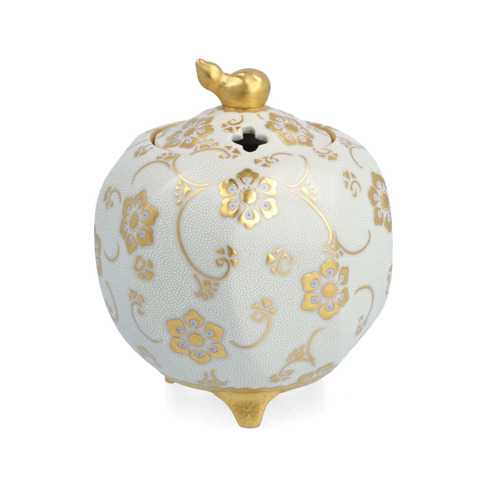 B403h「正倉院 香合」仲田錦玉作　共布共箱　錦芳書　福寿　盛金彩　九谷焼 B403h「正倉院 香合」仲田錦玉作 共布共箱 錦芳書 福寿 盛金彩 九谷焼