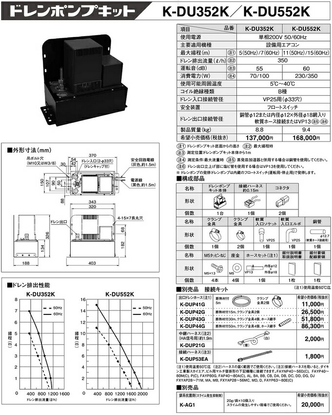 楽天市場】K-DU552Kドレンポンプキット 設備用エアコン用 11/15m 高揚