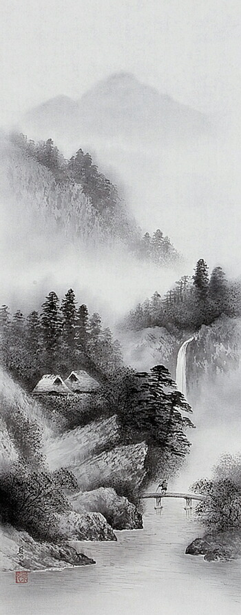 あきら◇◇日本の水墨画 山と家の風景 掛け軸 あきら◇◇日本