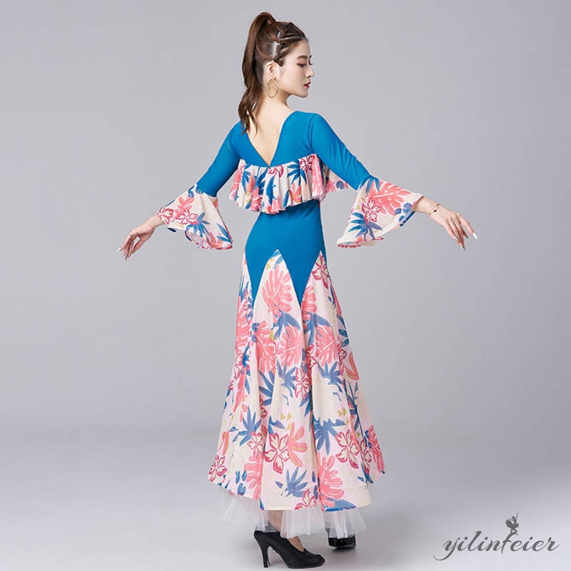 楽天市場】社交ダンス ドレス 花柄 パフスリーブ ワンピース フリル