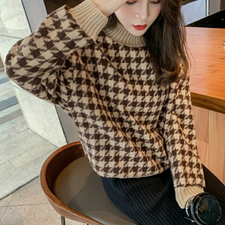 楽天市場】千鳥柄 チドリ ラウンドネック 長袖 リブニット プル