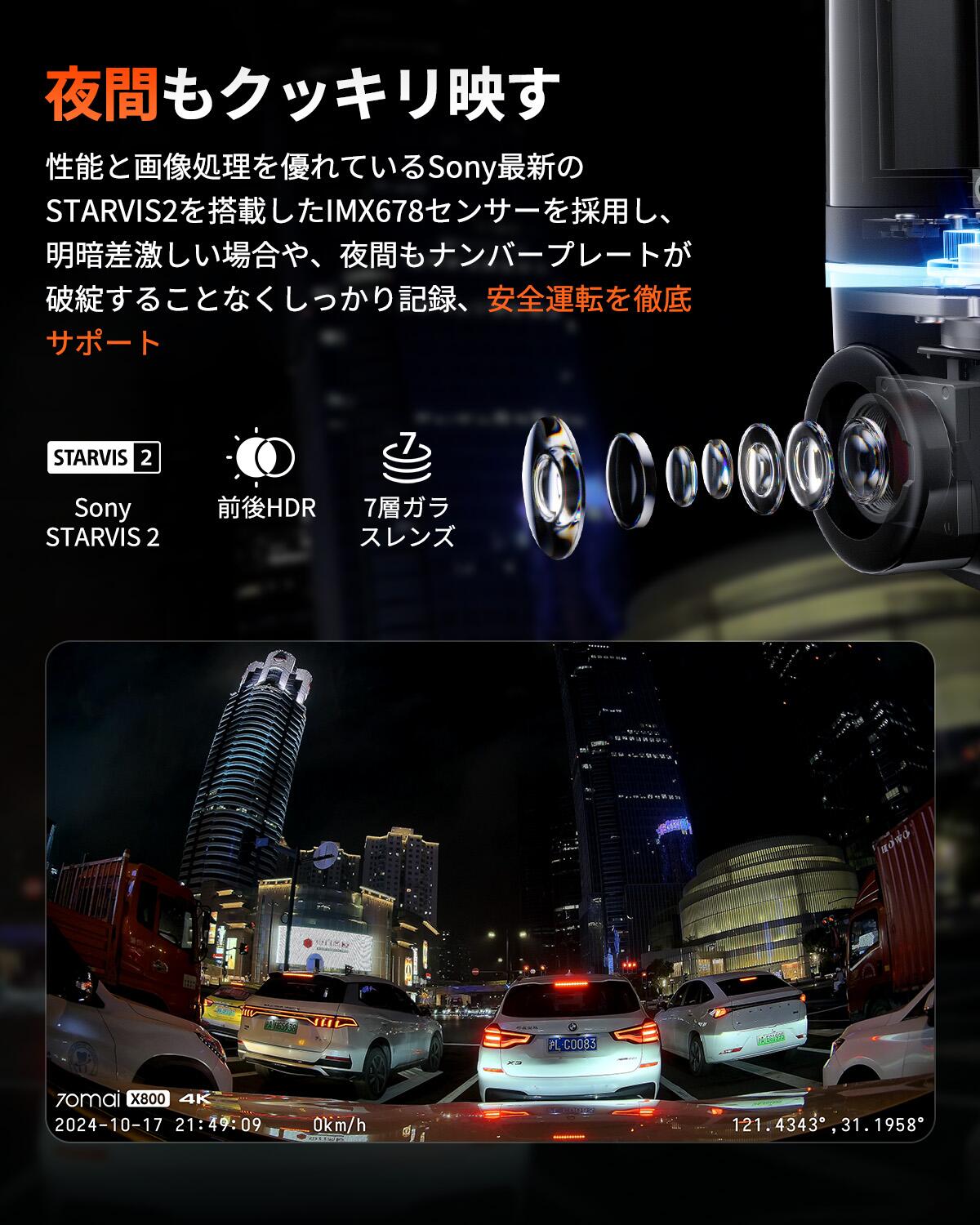 楽天市場】【前後STARVIS 2搭載 4K画素超強暗視 360全方位】70mai Dash