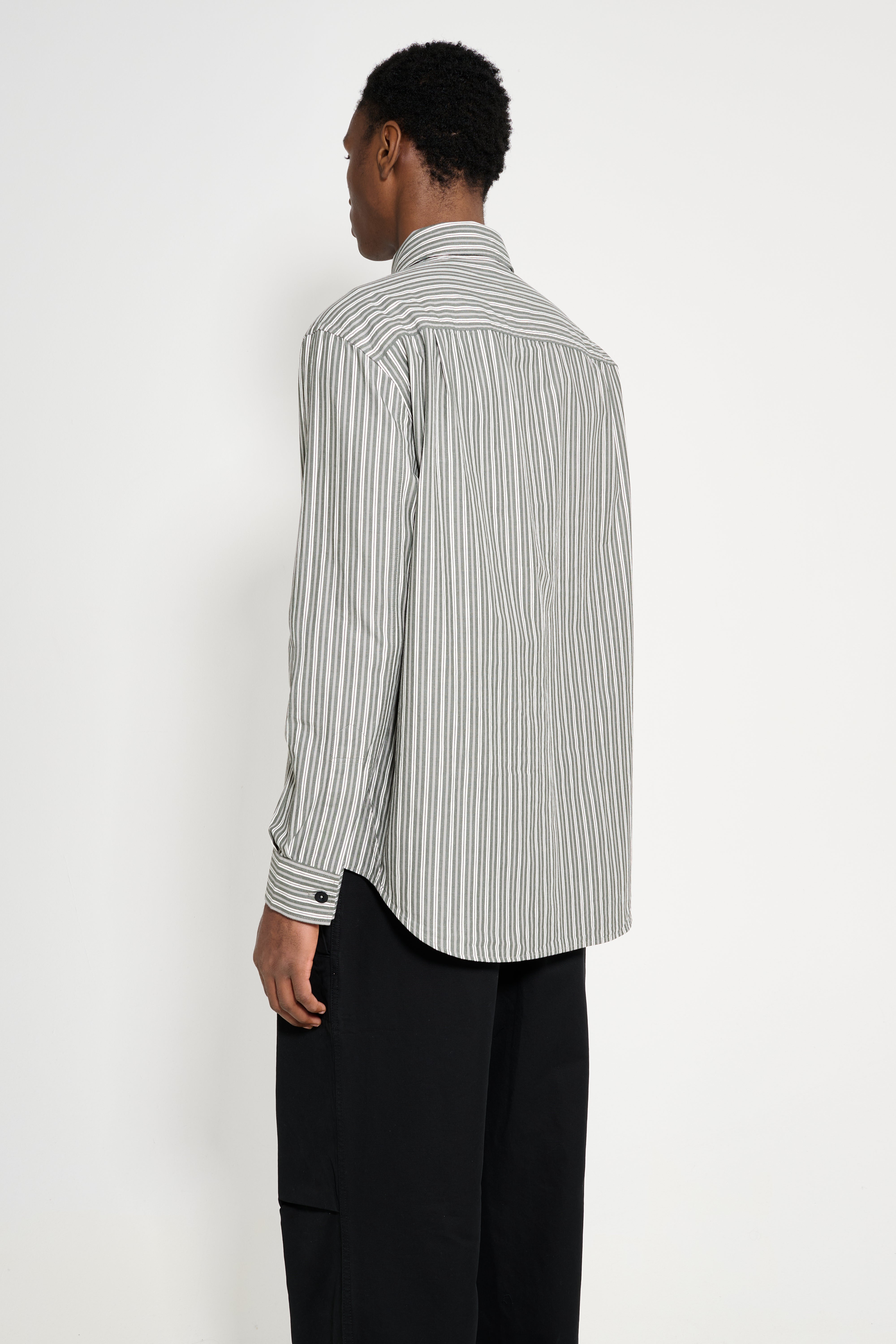 Margaret Howell MHL Basic Shirt Two Tone Cotton Stripe Forest