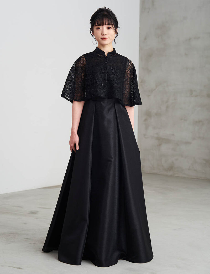 ラメ入りコードレース ケープ マンダリンカラー 前開き 黒・MB8818-BK