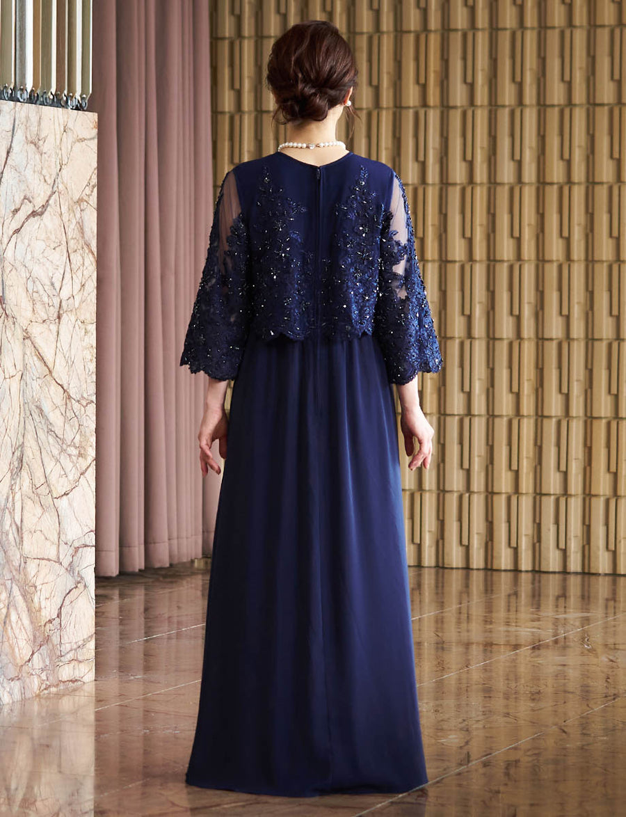 結婚式 母親ドレス ダークネイビーレース・マザーズドレス レース8分袖