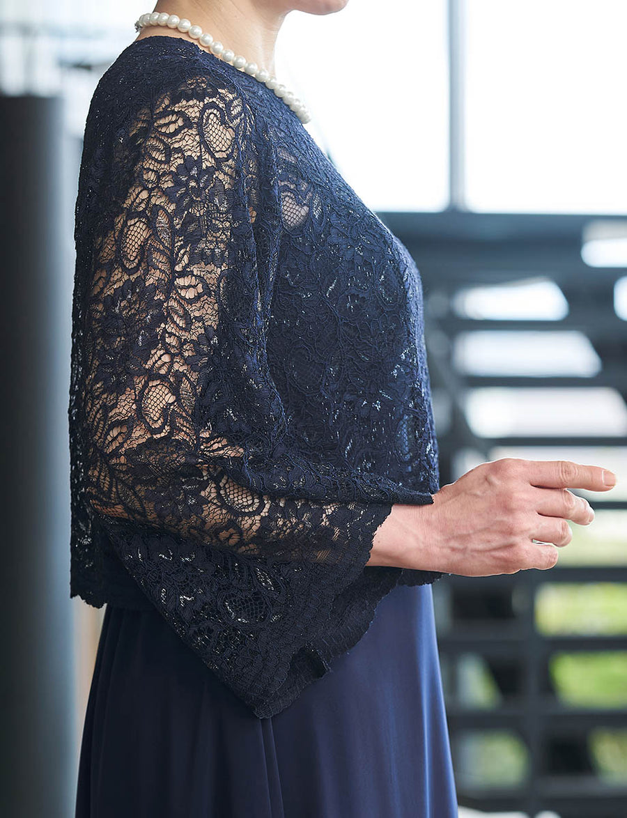 結婚式 母親ドレス ダークネイビーレース・マザーズドレス 長袖 MD0408