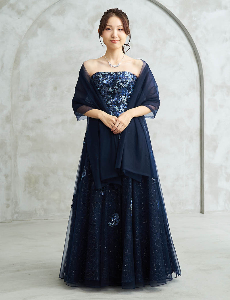 ダークネイビー ロングドレス ベアトップ スパンコールレース チュール