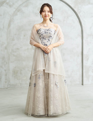 シルバー ロングドレス ベアトップ スパンコールレース チュール 肩