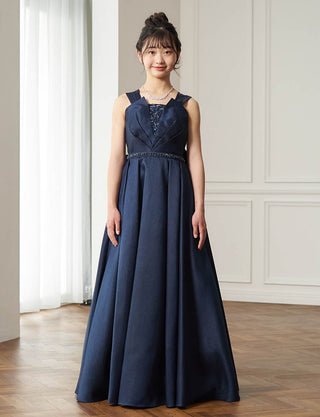 サテン ジュニアロングドレス ダークネイビー・TWJ9504-DNY｜発表会